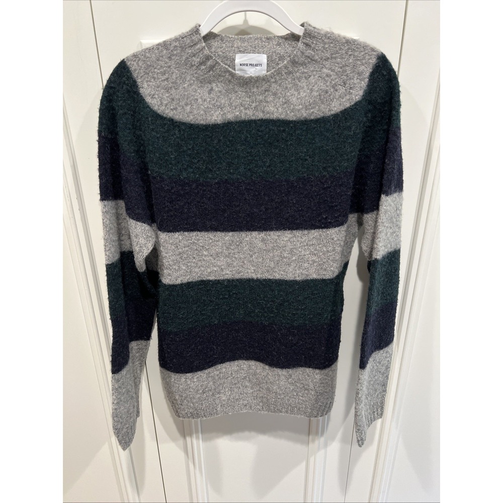 Norse Projects Men's Birnir Brushed Wide Stripe Wool Sweater Size Large Rugby